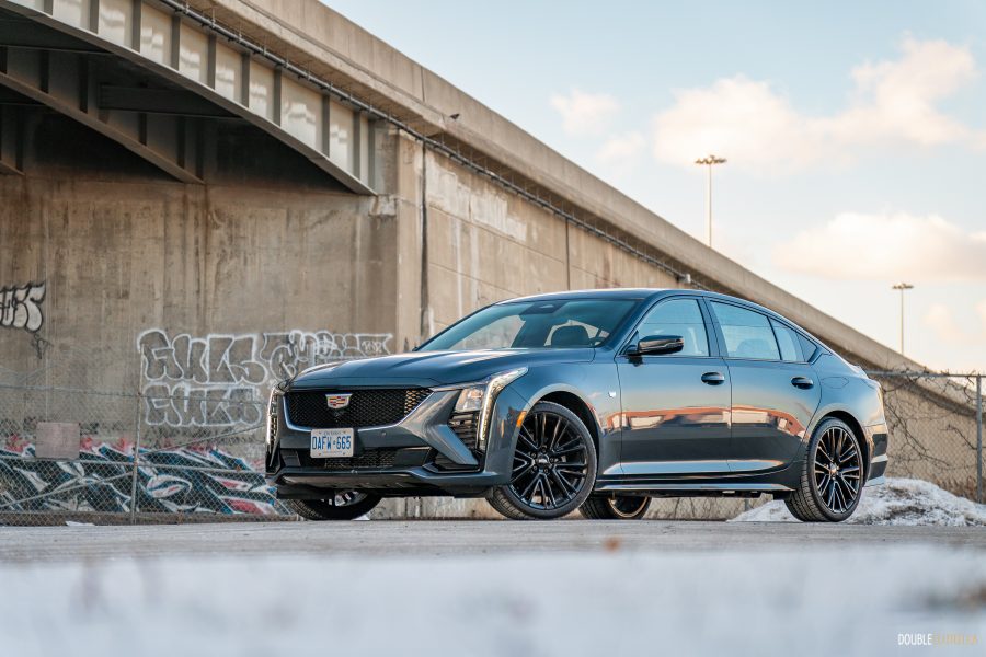 Front quarter view of a blue 2025 Cadillac CT5 Sport
